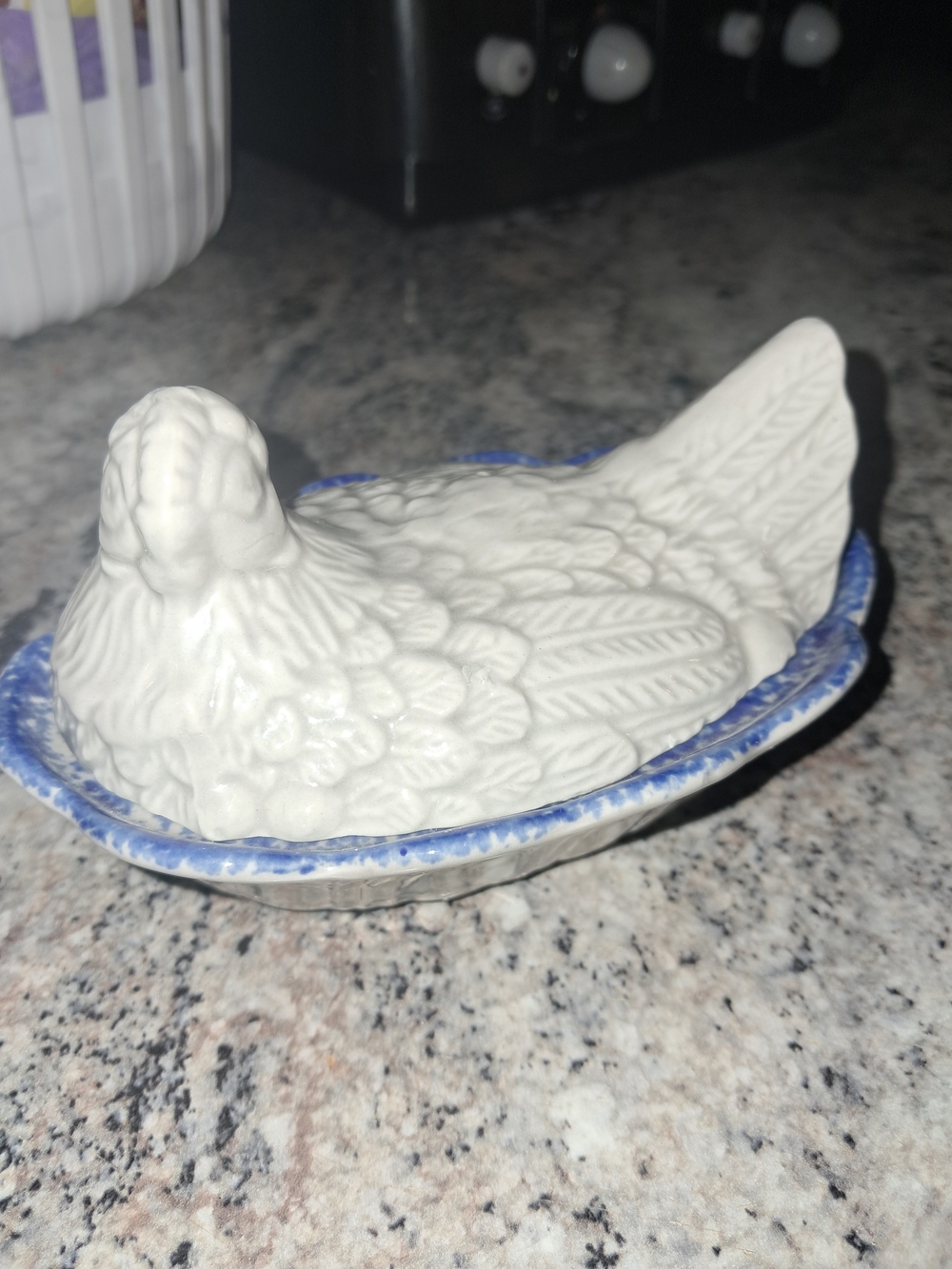 White Ceramic Hen on Blue-Rim Dish - Decorative Trinket Holder